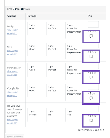 screenshot of rubric comment button